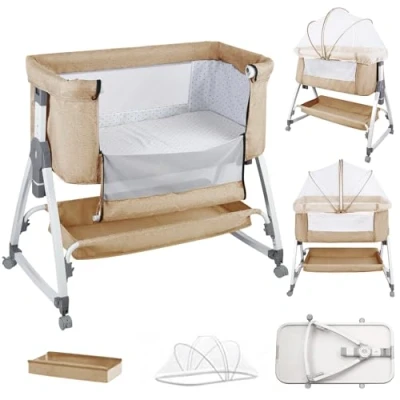 Afbeelding van Cododo babybed met matras, in hoogte verstelbaar op 6 niveaus, uitbreidbaar wielen, opvouwbaar reisbed, opbergmand, 0 2 jaar, 80 x 40 100 115 cm, gebroken wit