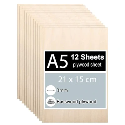 Afbeelding van 12 stuks multiplexplaten 3 mm DIN A5 21 x 15 cm multiplex lindemultiplex dun gesneden voor houtbewerking, laserwerk, brandschilderen, modelbouw, decoratie,