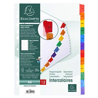 Afbeelding van Exacompta Ref. 1113E register van wit karton 160 g/m² FSC® met 12 maandelijkse tabbladen januari tot december in kleur bedrukbare indexpagina formaat DIN A4
