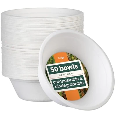 Afbeelding van 60 Biologisch Afbreekbare Suikerriet Kommetjes (350ml) Kartonnen Soepkommen, Schaaltjes Sterk en Waterdicht