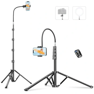 Afbeelding van Victiv 224 cm hoog statief voor smartphone, van aluminium met verstelbare zwanenhals, afstandsbediening en telefoonhouder, uittrekbaar camerastatief 360 kogelgewricht DSLR Canon