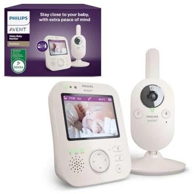 Image de Philips Avent Babyphone vidéo Premium, Certifié DEKRA, privé et sécurisé avec caméra audio, écran de 3,5&quot;, zoom x4, vision nocturne, audio bidirectionnel, berceuses, température ambiante, SCD891/26