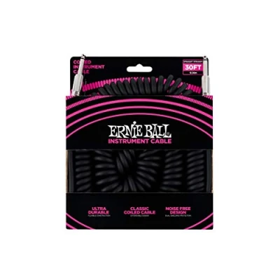 Image de Ernie Ball, Câble spirale pour instruments, droit/droit, 9,14 m, noir