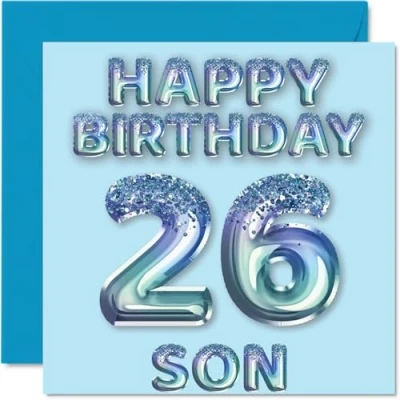 Afbeelding van Verjaardagskaart voor zoon 26 jaar, blauwe glitterballonnen, verjaardagskaarten jarige van mama en papa, 145 mm x