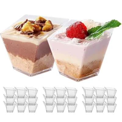 Afbeelding van MATANA 50 mini glazen van kunststof, herbruikbaar, voor feestjes (70 ml) kleine dessertbekers aperitieven, apero, tiramisu, pudding, schuim
