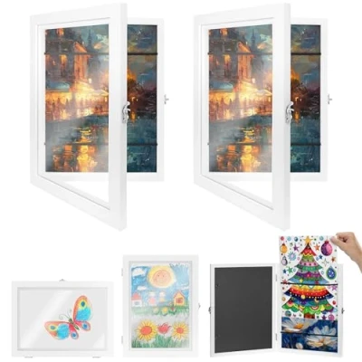 Afbeelding van Navaris houten fotolijst set van 2 Lijst voor kindertekeningen Fotolijsten A4 Wissellijst met opslagruimte Horizontaal en verticaal Wit