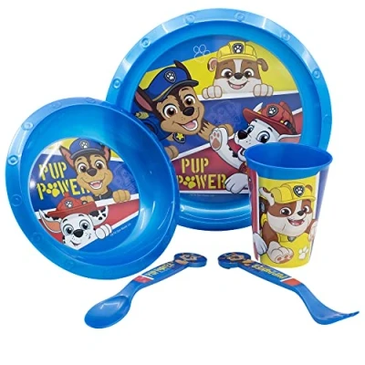 Afbeelding van 5 delige kindertafelset. Borden, kom, 260 ml glas en bestekset. BPA vrij PAW PATROL PUP POWER