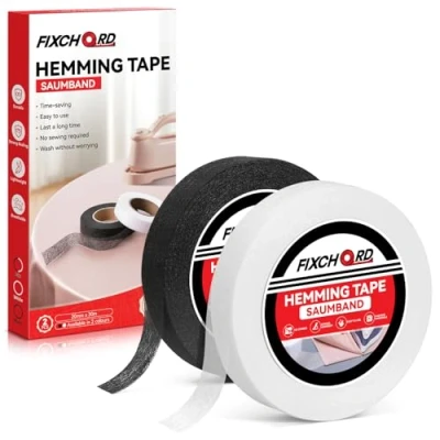Afbeelding van FIXCHORD Strijkband, 2 stuks strijkband voor zoom, Wonder Web zoomband, naadloze kleding, strijken en bevestiging, zwart wit, 30 m x 20 mm