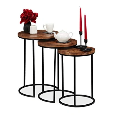Afbeelding van Relaxdays bijzettafel set van 3 mangohout bijzettafels rond tafeltjes hout Naturel
