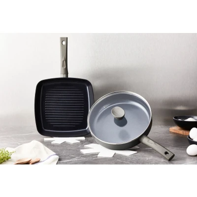 Afbeelding van ISENVI Avon Combideal keramische grillpan en hapjespan Ergo Antraciet Keramisch 100% PFAS, PTFE PFOA vrij duurzaam Unieke Antiaanbaklaag Non stick bodem Vaatwasbestendig Geschikt voor alle warmtebronnen inclusief inductie