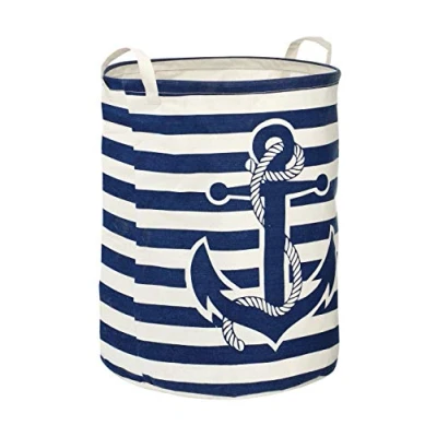 Image de Panier à Linge Rayé Bleu et Blanc avec Ancre Marine Navy