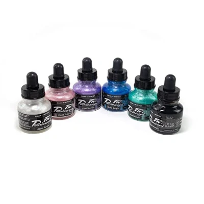Afbeelding van Daler Rowney FW 6 x 29,5 ml parelmoer inkt en 1 marker voor gemengde media, op acrylbasis, verschillende kleuren, ideaal professionele kunstenaars studenten