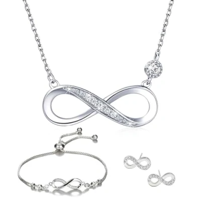 Afbeelding van Sieradenset, halsketting, armband en oorbel, oneindigheidssymbool van 925 zilver, ingelegde zirkonia, verstelbaar, hanger, armband, sieraden, cadeau voor dames meisjes, Metaal