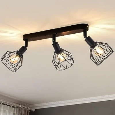 Afbeelding van ANWIO Plafondlamp, 3 lampen, vintage, zwart, E14, draaibaar, plafondspot, met rechthoekige voet, led plafondlamp voor woonkamer, kinderkamer (zonder lampen)