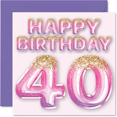 Afbeelding van Stuff4 Verjaardagskaart voor vrouwen, 40e verjaardag, roze en paarse glitterballonnen, verjaardagskaarten moeder, nicht, vriendin, zus, tante, 145 mm x