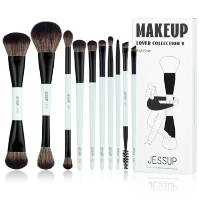 Afbeelding van Jessup 10 stuks make upkwasten, 14 in 10, dubbele uiteinden, veelzijdige collectie, foundation, poeder, oogschaduw, eyeliner, markeerstift, blushkwast, lichtcyaan T500
