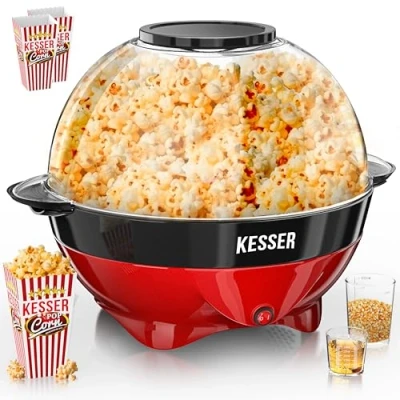 Afbeelding van KESSER® 800 W popcornmachine Popcorn Maker 5,5 liter met deksel en antiaanbaklaag inclusief afneembare bakplaat maatbeker, rood