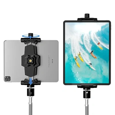 Afbeelding van iPad en telefoon statiefadapter met kogelkop, houder voor statief, 360 draaibare Pro 12.9 tablet, Air Mini 3 4, Galaxy Tab, Surface 8, selfiestick (14 tot 27,9 cm)