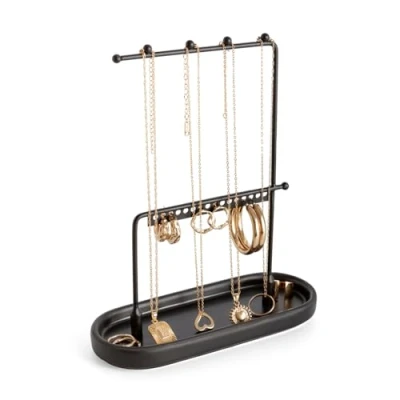 Afbeelding van KOOK TIME Sieradenhouder Metalen sieradenstandaard met keramische sieradendienblad voor ringen, armbanden en andere kleine sieraden kettingstandaard oorbellendisplay alles in één mat zwart