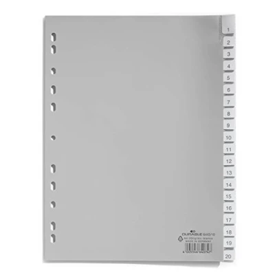 Afbeelding van Durable 644310 tabbladen, A4, 20 toetsen, gelaste tabbladen en inzetplanken 1 20/A Z, universele perforatie, polypropyleen, 120 micron, kleur: grijs