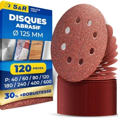 Afbeelding van S&amp;R Schuurschijven schuurpapier 125 mm Bosch Dewalt Einhell 120 schijven: P40/P60/P80/P120/P180/P240 8 gaats