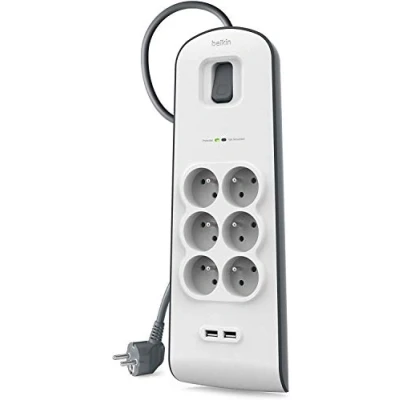 Afbeelding van Belkin Stekkerdoos met 6 uitgangen en 2 USB poorten 2.4A overspanningsbeveiliging (Franse aansluiting)