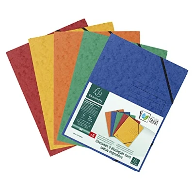 Image de Exacompta Réf. 555410E Paquet de 5 chemises à élastiques sans rabat imprimées pochettes en carte lustrée 355 g/m² dimensions 24 x 32 cm pour documents au format A4 couleurs assorties