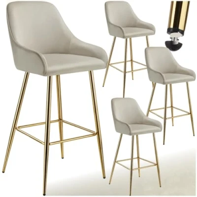 Afbeelding van tectake® Set van 4 Barkrukken Avane Gestoffeerde Barkruk met rugleuning Barstoelen Ergonomische Barstoel voetensteun Eetkamerstoel fluweellook bekleding Stevige stalen poten antislip vloerbescherming Crème/Goud