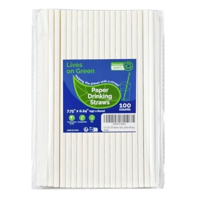Afbeelding van Lives on Green 100 stuks witte papieren wegwerprietjes zonder kleurstoffen voor cocktails, sap, dranken, koffie, 19,7 cm
