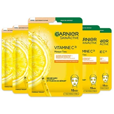 Afbeelding van Garnier Set van 5 hydraterende stoffen maskers Eclat Booster verrijkt met vitamine C en hyaluronzuur Veganistische formule Voor doffe vermoeide huid x 28 g