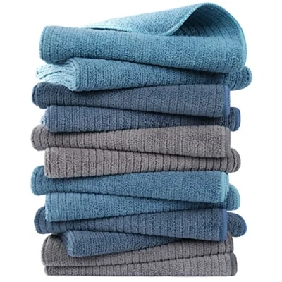 Afbeelding van POLYTE Set van 12 theedoeken en handdoek microvezel, geribbeld, premium kwaliteit (blauw, grijs, blauwgroen, 40 x 71 cm)