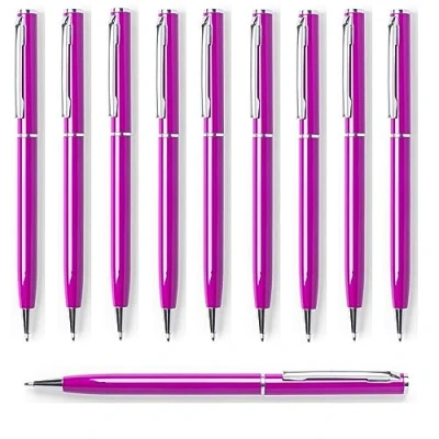 Afbeelding van noTrash2003 Set van 10 metalen balpennen aluminium, slank, elegant, voor kantoor en werkplek zilver, goud, zwart, wit, geel, blauw, rood, oranje, roze, groen (roze)