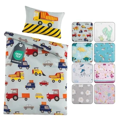Afbeelding van BaSaTex Kinderbeddengoed voor meisjes en jongens 100 x 135 cm + 40 60 100% polyester microvezel ritssluiting bouwplaats graafmachines auto&#039;s blauw
