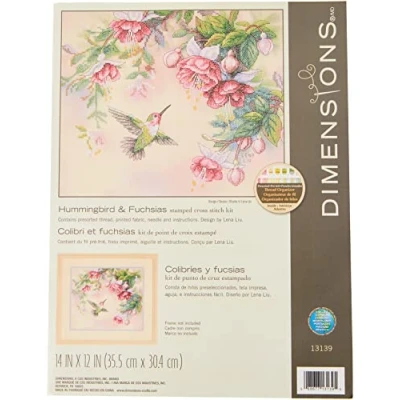 Afbeelding van Dimensions borduurpakket voorbedrukt Kolibrie en fuchsias 13139
