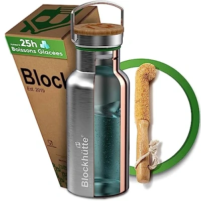 Afbeelding van Blockhütte Thermosfles van roestvrij staal, 750 ml, met borstel natuurlijke haren, lekvrije thermosfles, vaatwasmachinebestendige waterfles voor sport en vrije tijd