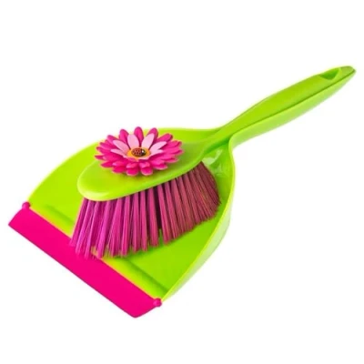 Afbeelding van Flower Power stoffer en blik set bezem veegset met kleurrijke handveger veegplaat, ABS, polypropyleen, roze/groen, 35 x 6 cm VIGAR 5900