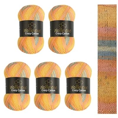 Afbeelding van Wollbiene Crazy Cotton Batik 5 x 100 g 500 met kleurverloop, 55% katoen, meerkleurig, breiwol, voor alle seizoenen (5030 grijs, oranje, geel)