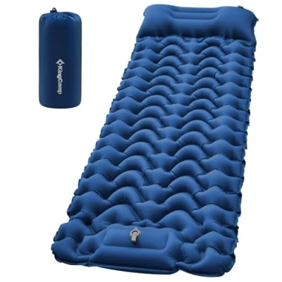 Afbeelding van KingCamp Ultralichte campingmat met geïntegreerde voetpomp, duurzame compacte opblaasbare slaapmat kussen, campingmatras voor wandelen, kamperen, blauw
