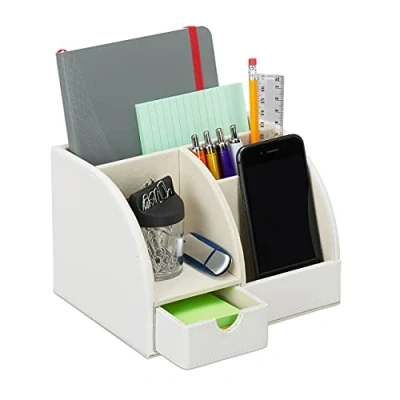 Afbeelding van Relaxdays bureau organizer kunstleer pennenbakje accessoires opbergbakje wit