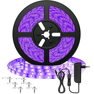 Afbeelding van Onforu 5 m uv ledstrip, zwart licht, 12 V, 2835 leds, violet, 300 ultraviolet, sfeerverlichting voor Halloween, Kerstmis, DJ avond, disco, body painting, neonverf
