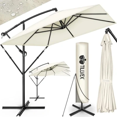 Afbeelding van tillvex Rechthoekige zweefparasol Ø 330 cm + beschermhoes en windscherm Vierkante crankparasol met standaard Tuinparasol voor buiten, uv bescherming, van aluminium, Beige zonder led
