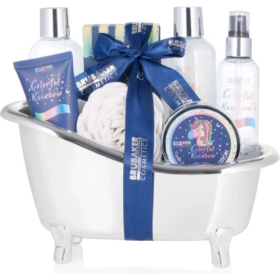 Afbeelding van BRUBAKER Cosmetics Cadeautip Vrouw Cadeau Idee 8 Delige Eenhoornschoonheidsset Kleurrijke Regenboog met Vanille Lavendelgeur in Zilveren Kuipje
