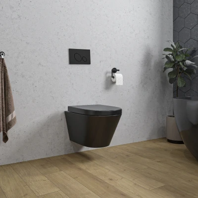Afbeelding van Wiesbaden Stereo wandcloset rimless met Vesta toiletzitting softclose en quick release mat zwart