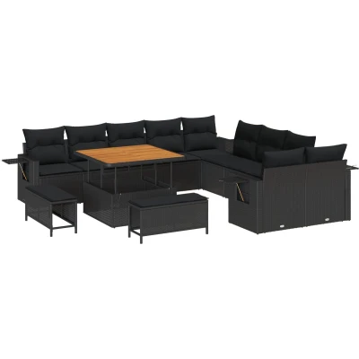 Afbeelding van vidaXL 13 delige Tuin Sofaset met Kussens Zwart Poly Rattan Acacia, 3 Eettafelset Acacia