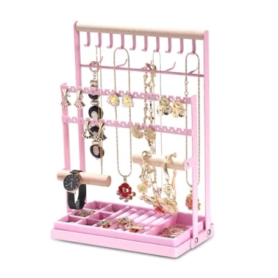 Afbeelding van Sieradenstandaard van hout en metaal met afneembare opbergbasis voor halskettingen, armbanden, oorbellen, ringen, cadeau idee, roze