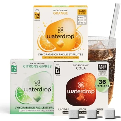 Image de waterdrop® Microdrink Coffret boissons Gazeuses, Cola, Orange &amp; Citron Vert, 36 en cubes effervescentes 3 saveurs, Enrichi Vitamines, Boisson sans sucre, Eau aromatisée pastille