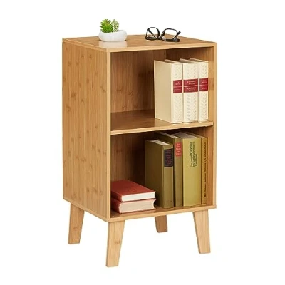 Afbeelding van Relaxdays Boekenkast met 2 vakken, open kast HBT 70 x 40 35 cm, in hoogte verstelbare plank, staande natuur, bamboe, vezelplaat