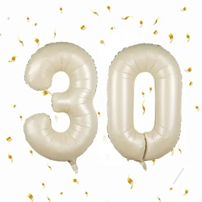 Afbeelding van ballonnen verjaardag 30, beige, 100 cm, ballon cijfer nummer Happy Birthday decoratie, ballonnen, verjaardagsfeest, jaren vliegen dankzij helium 30