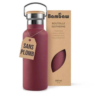 Afbeelding van Bambaw® 500ml RVS Thermosfles Isoleerfles, Dubbelwandig, Milieuvriendelijk, Lekvrijen, loodvrij en Plasticvrij Geïsoleerde Fles met Bamboe Deksel voor Warme Koude Dranken Ideaal Reizen, Werk, Yoga, Wandelen Dagelijks Gebruik rood