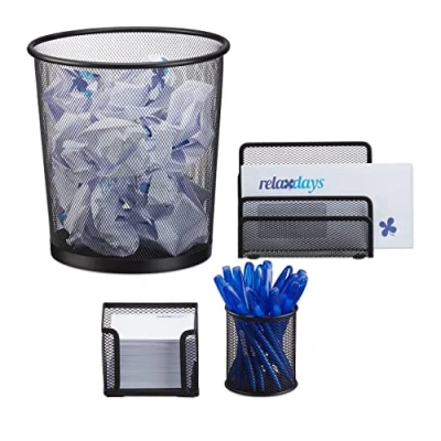 Afbeelding van Relaxdays bureau organizer 4er set brievenbak memobox prullenbak pennenhouder zwart